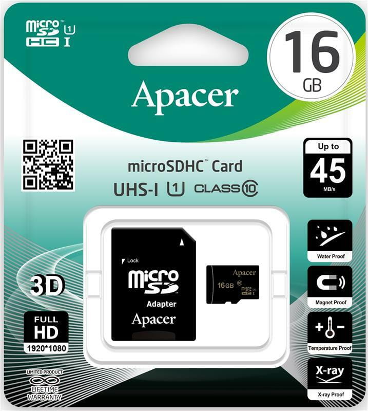 Карта пам`ятi MicroSDHC 16GB UHS-I Class 10 Apacer + SD adapter (AP16GMCSH10U1-R)