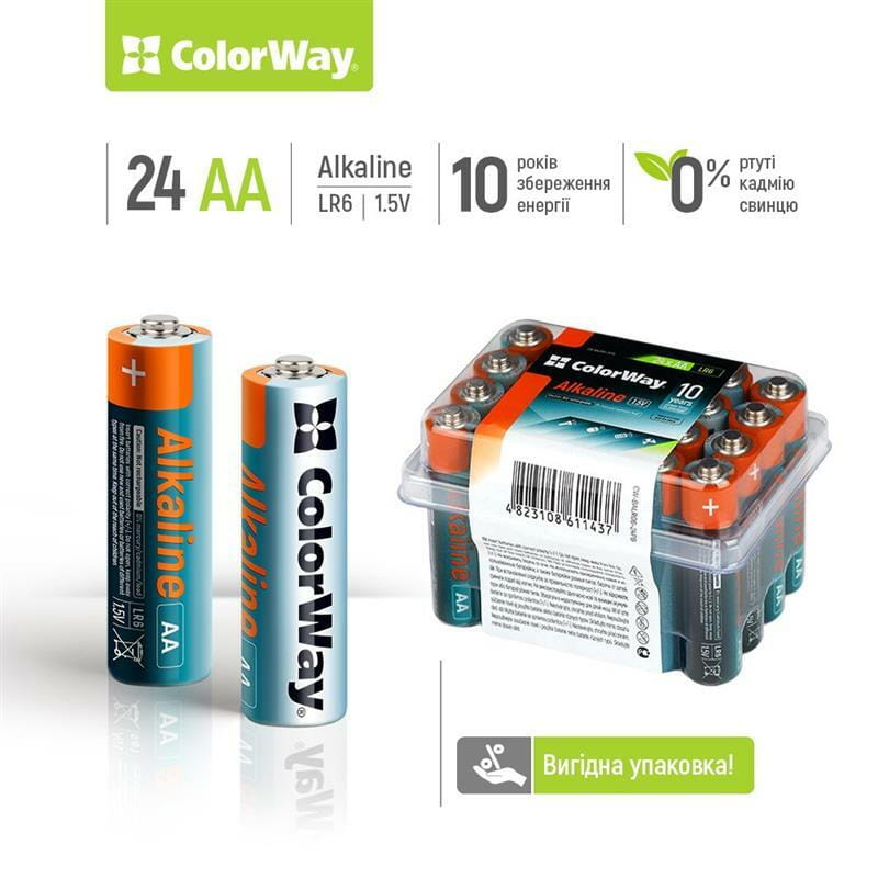 Батарейка ColorWay Alkaline Power AA/LR06 Plactic Box 24шт