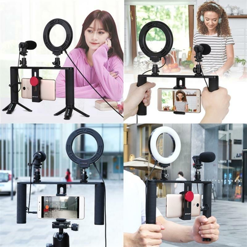 Комплект блогера Puluz PKT3028 4в1 (кольцевой свет, штативное крепление, держатель для телефона, микрофон)