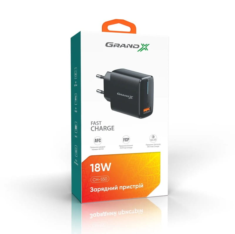 Сетевое зарядное устройство Grand-X Quick Charge 3.0 (1xUSB 1.5-3A) Black (CH-550B)