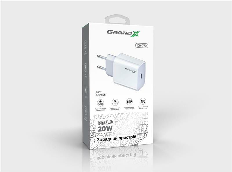 Сетевое зарядное устройство Grand-X (1xUSB-C 20W) QC4.0, PD 3.0, FCP, AFC White (CH-770)