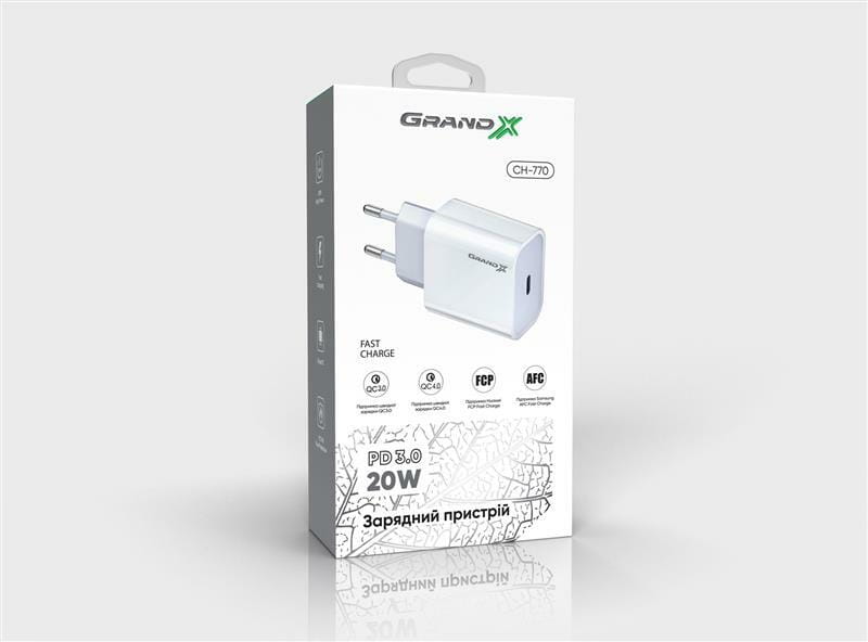 Мережевий зарядний пристрій Grand-X (1xUSB-C 20W) QC4.0, PD 3.0, FCP, AFC White (CH-770)