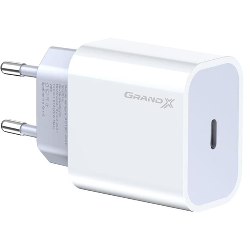 Мережевий зарядний пристрій Grand-X (1xUSB-C 20W) QC4.0, PD 3.0, FCP, AFC White (CH-770)