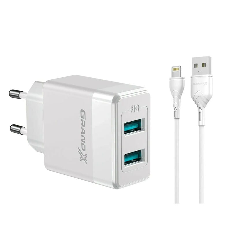 Сетевое зарядное устройство Grand-X CH-50WL (2xUSB 2.4А) White + кабель Lightning