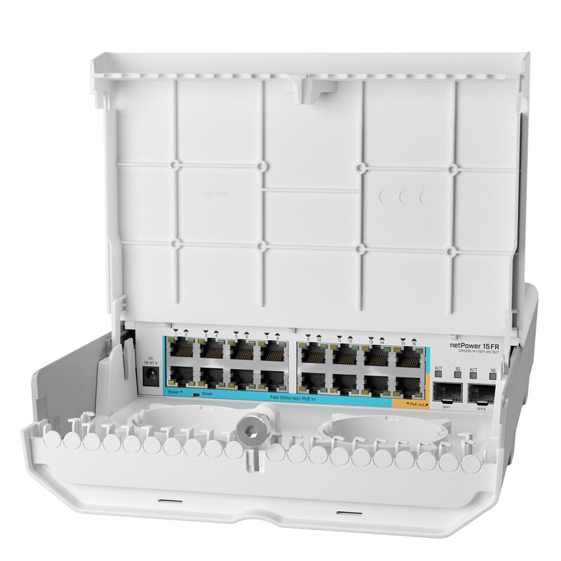 Коммутатор MikroTik netPower 15FR (CRS318-1Fi-15Fr-2S-OUT) (16xFE, 2xSFP, IP54, PoE-IN, DC jack, outdoor, no PSU)
