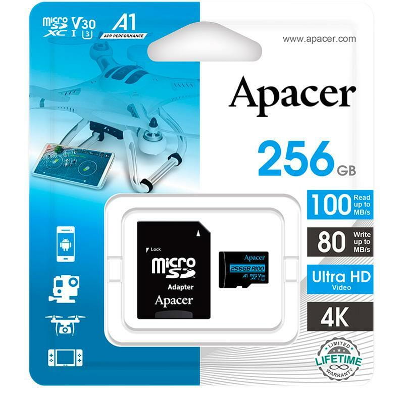 Карта памяти MicroSDXC 256GB UHS-I/U3 Class 10 Apacer (AP256GMCSX10U7-R) + SD адаптер