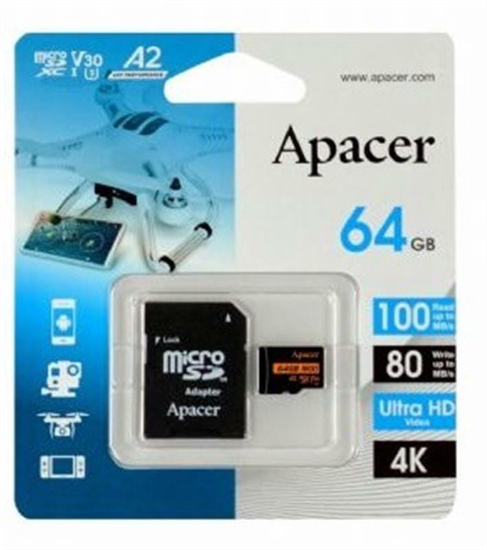 Карта памяти MicroSDXC  64GB UHS-I/U3 Class 10 Apacer (AP64GMCSX10U8-R) + SD адаптер