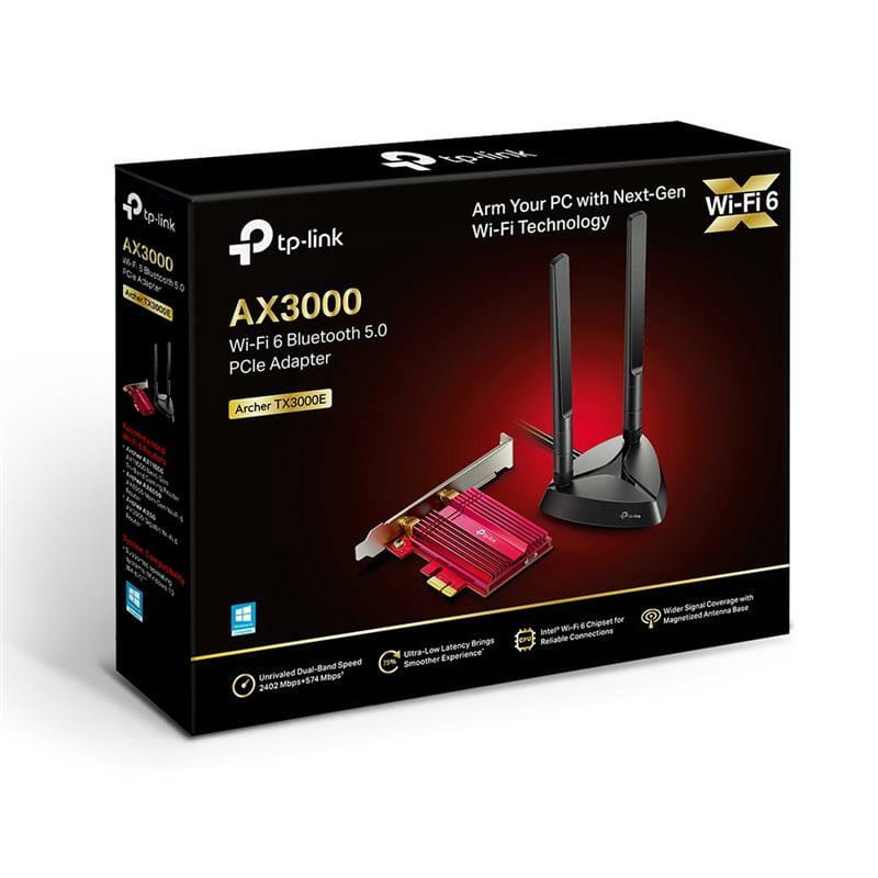 Беспроводной адаптер PCIe TP-Link ARCHER TX3000E (AX3000, Wi-Fi 6, Bluetooth 5.0, WPA3, 2 внешних выносных антенны)