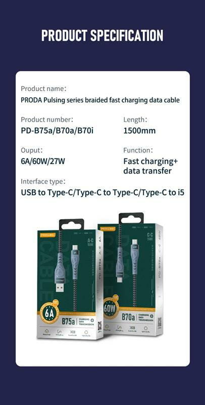 Кабель Proda PD-B70i  USB Type-C - Lightning (M/M), Pulsing Fast Charging 27W, 1.5 м, Black (PD-B70i-GR)