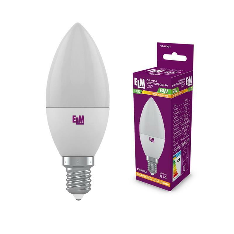Лампа светодиодная свеча ELM 6W E14 3000K (18-0091)