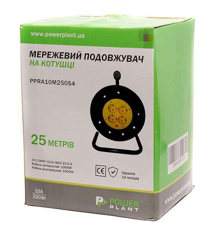 Удлинитель на катушке PowerPlant JY-2002/25 (PPRA10M250S4) 4 розетки, 25 м, черно-желтый