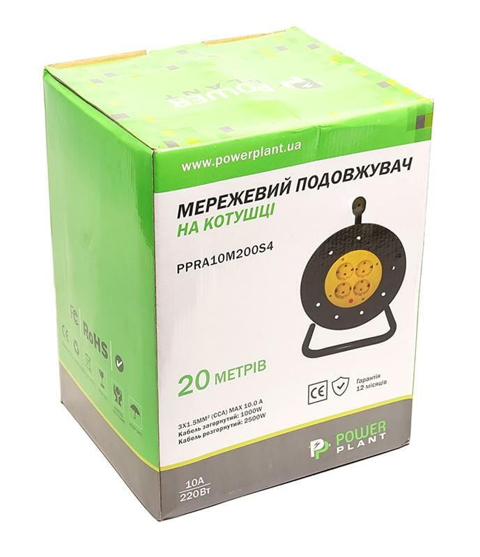 Удлинитель на катушке PowerPlant JY-2002/20 (PPRA10M200S4) 4 розетки, 20 м, черно-желтый