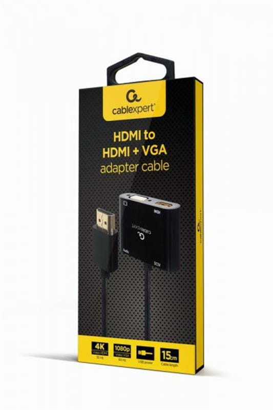 Адаптер Cablexpert HDMI - HDMI/VGA+Аудио 3.5 мм, M/F, 0.15 м, черный (A-HDMIM-HDMIFVGAF-01) коробка