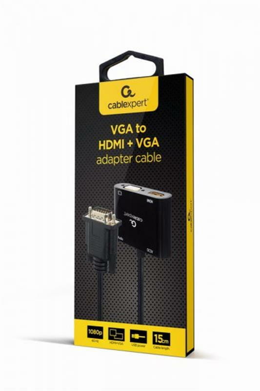 Адаптер Cablexpert VGA - HDMI+VGA (M/F), 0.15 м, Black (A-VGA-HDMI-02)