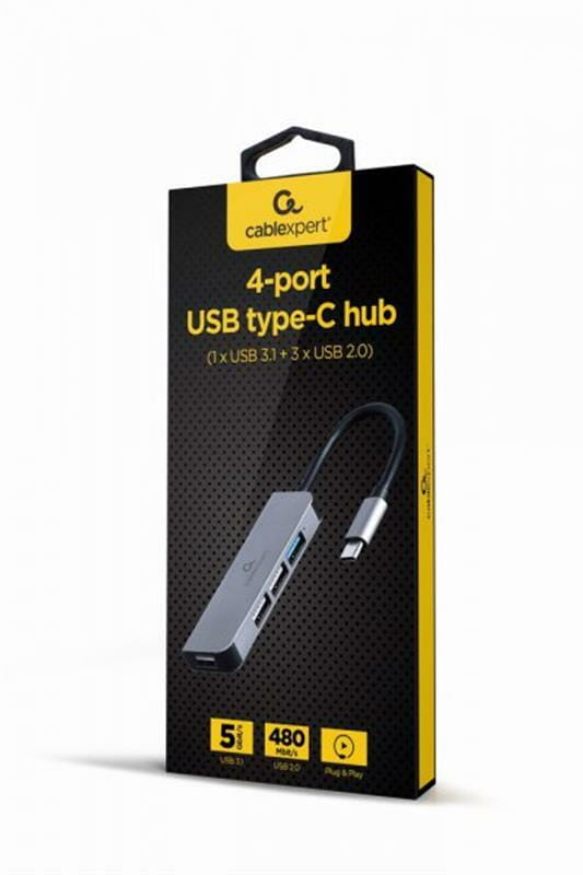 Концентратор USB Type-C Cablexpert 1xUSB3.0, 3хUSB2.0, метал, Grey (UHB-CM-U3P1U2P3-01)