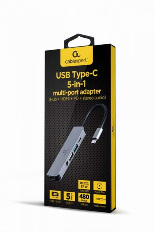 Док-станция Cablexpert USB-C 5-в-1 (A-CM-COMBO5-02) USB/HDMI/PD/Аудио 3,5