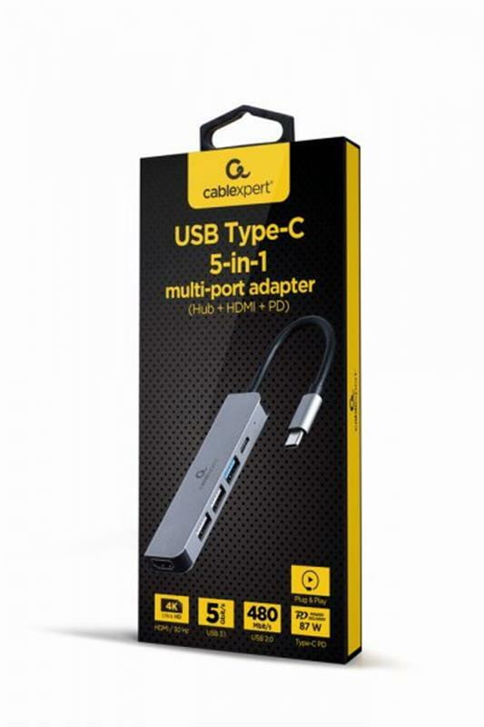 Док-станция Cablexpert USB-C 5-в-1 (A-CM-COMBO5-03) USB/HDMI/PD