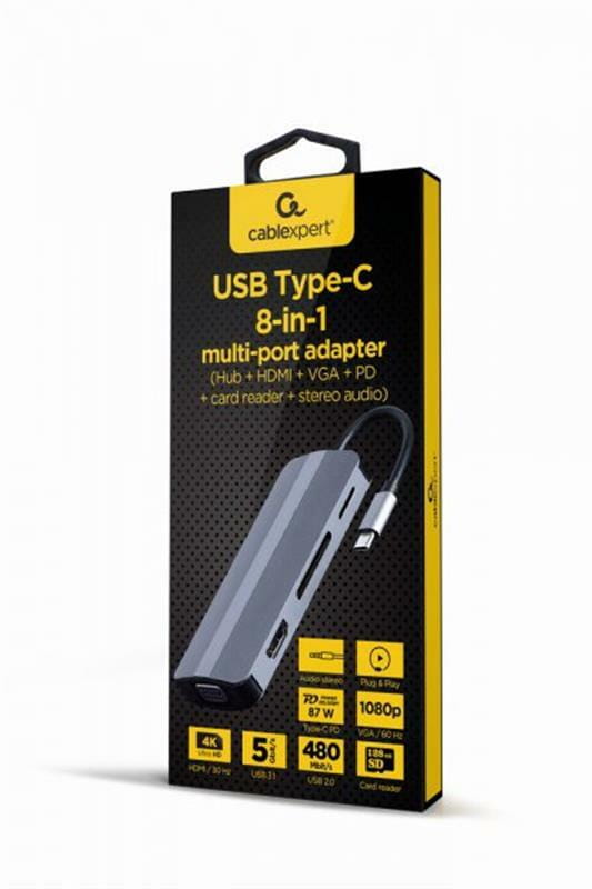 Док-станция Cablexpert USB-C 8-в-1 (A-CM-COMBO8-02) USB 3.0/HDMI//VGA/PD/картридер/стерео-аудио
