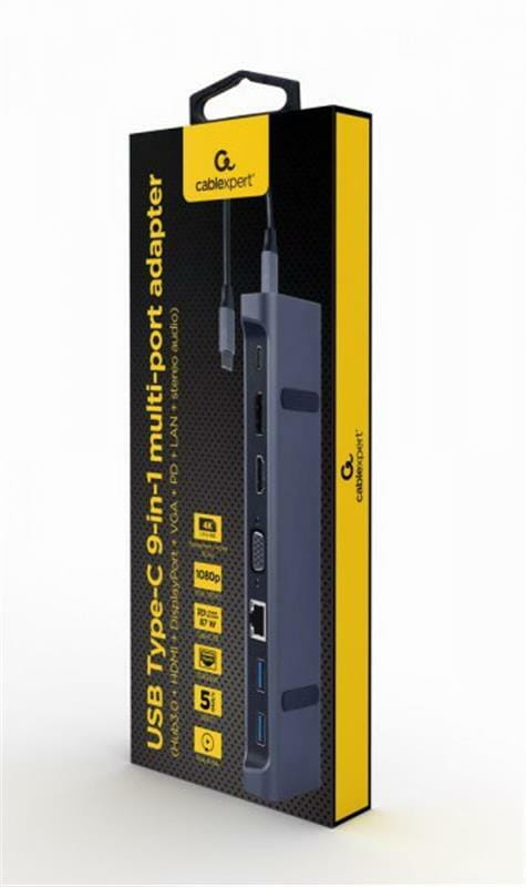 Док-станция Cablexpert USB-C 9-в-1 (A-CM-COMBO9-02) USB-хаб + HDMI/VGA/PD/LAN/3.5-мм аудио