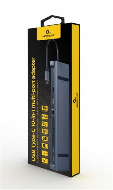Док-станция Cablexpert USB-C 10-в-1 (A-CM-COMBO10-01) USB-хаб + HDMI/VGA/PD/картридер/LAN/3.5-мм аудио
