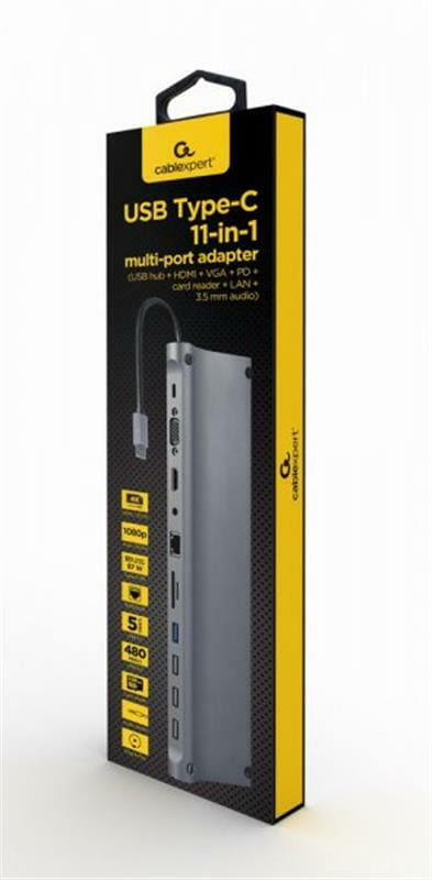Док-станция Cablexpert USB-C 11-в-1 (A-CM-COMBO11-01) USB-хаб + HDMI/VGA/PD/картридер/LAN/3.5-мм аудио