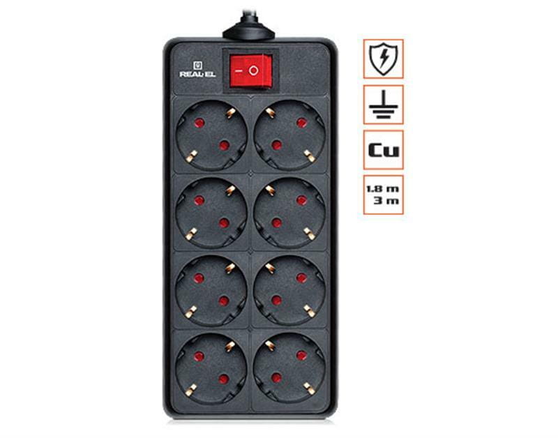 Фильтр питания REAL-EL RS-8 Protect 1.8 м Black