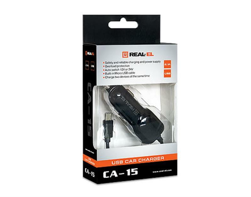 Автомобильное зарядное устройство REAL-EL CA-15 (2USB, 2.1A) Black + кабель microUSB