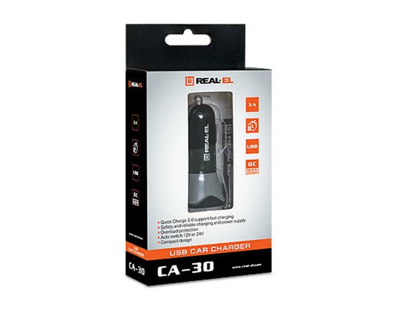 Автомобильное зарядное устройство REAL-EL CA-30 QC3.0 (1USBx3A) Black/Grey
