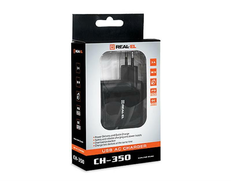 Сетевое зарядное устройство REAL-EL CH-350 QC3.0 (2USB, 3A) Black