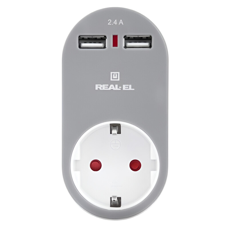 Мережевий зарядний USB-пристрій з розеткою REAL-EL CS-20, білий-сірий