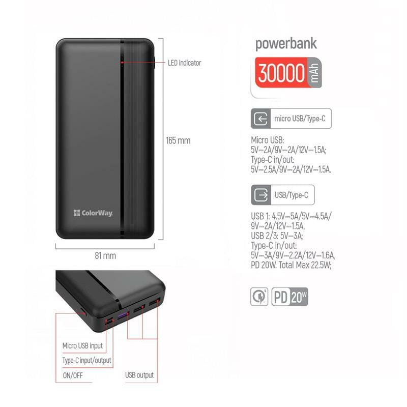 Універсальна мобільна батарея ColorWay 30000mAh Black (CW-PB300LPA3BK-PD)