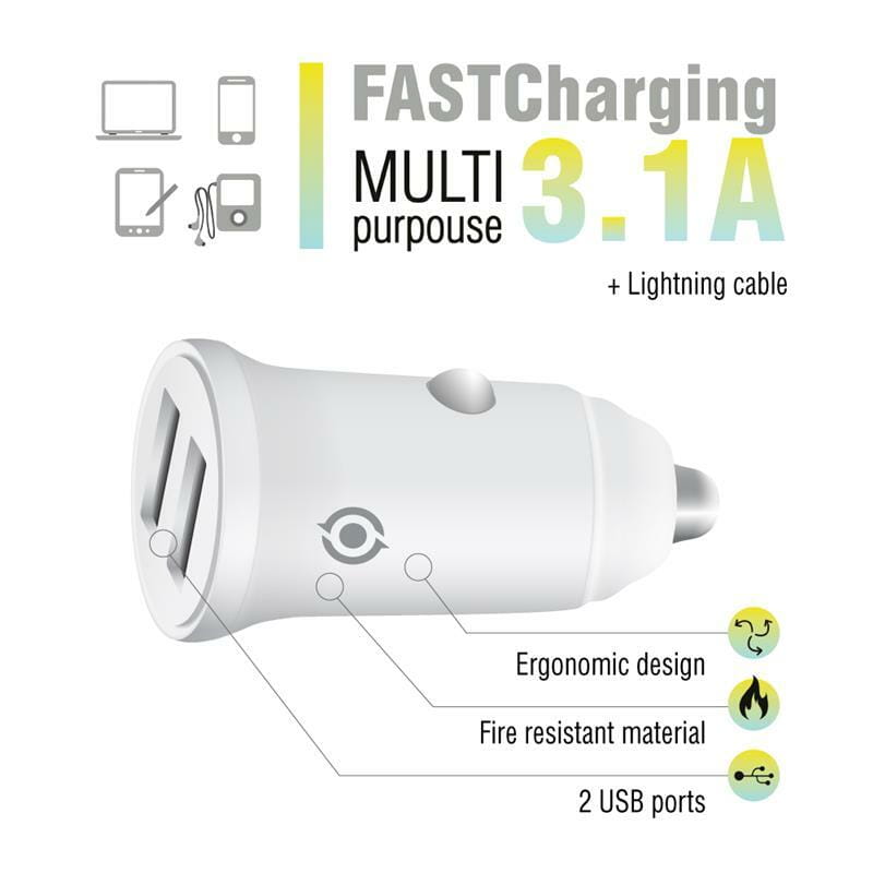 Автомобильное зарядное устройство Piko CC-312 (2USB, 3.1A) White + кабель Lightning (1283126538810)