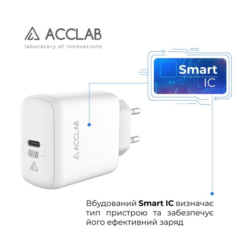Зарядное устройство AccLab AL-TC125 1хType-C 5В/3A/25W QC/PD 3.0 White (1283126538841)