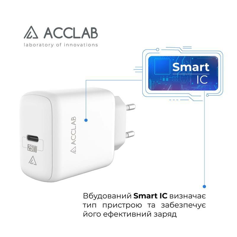 Зарядное устройство AccLab AL-TC125 1хType-C 5В/3A/25W QC/PD 3.0 White (1283126538841)