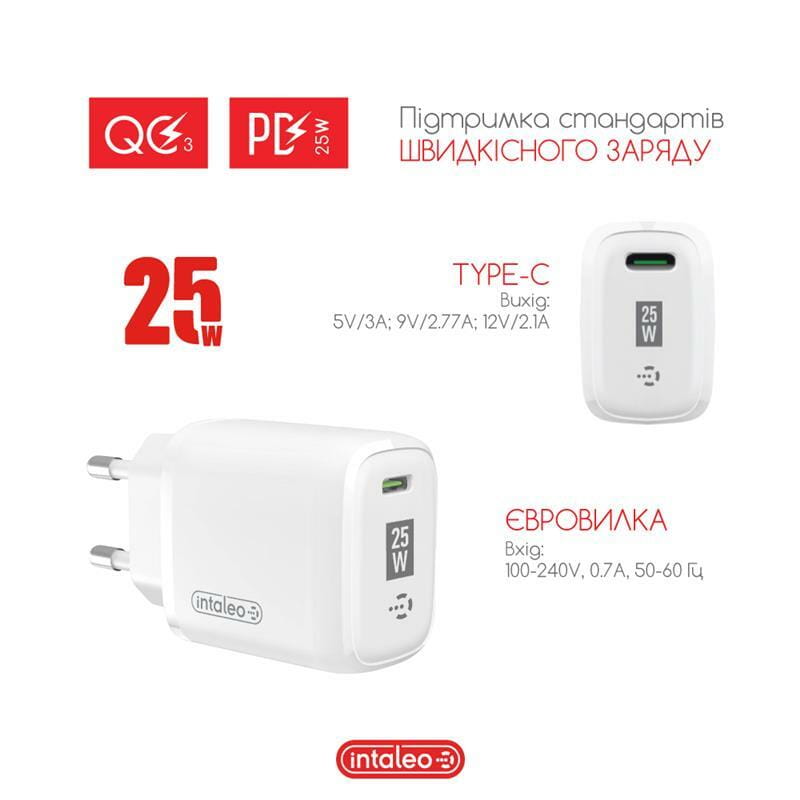 Сетевое зарядное устройство Intaleo TCGQPD125 (1USBx3A) White (1283126538827)