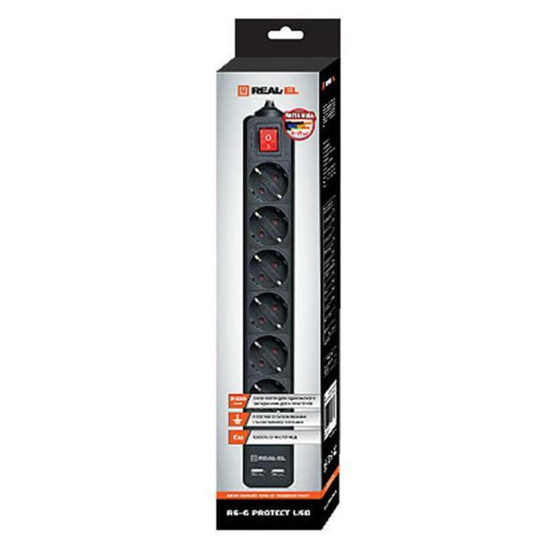 Фильтр питания REAL-EL RS-6 Protect USB 5 м Black