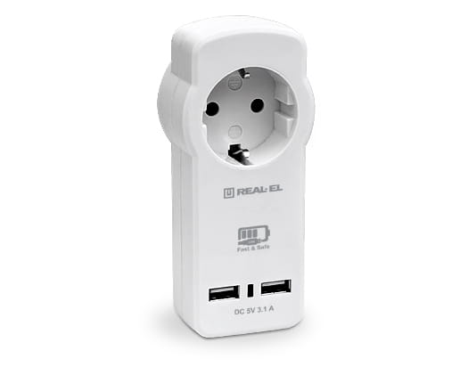 Мережевий зарядний пристрій з розеткою REAL-EL CS-30 (2USB, 3.1A) White