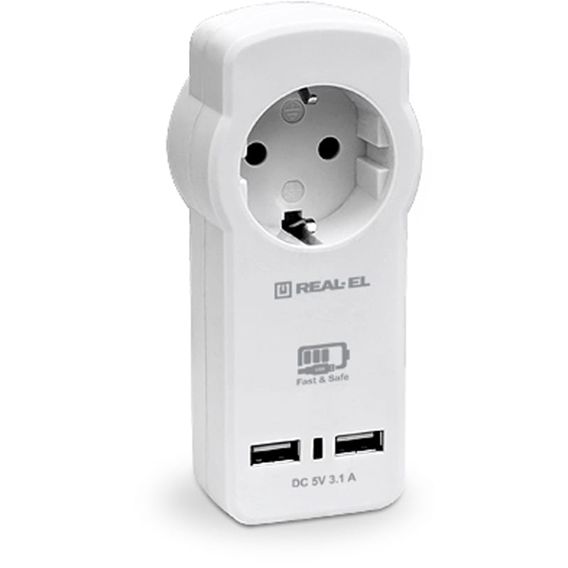 Сетевое зарядное устройство с розеткой REAL-EL CS-30 (2USB, 3.1A) White