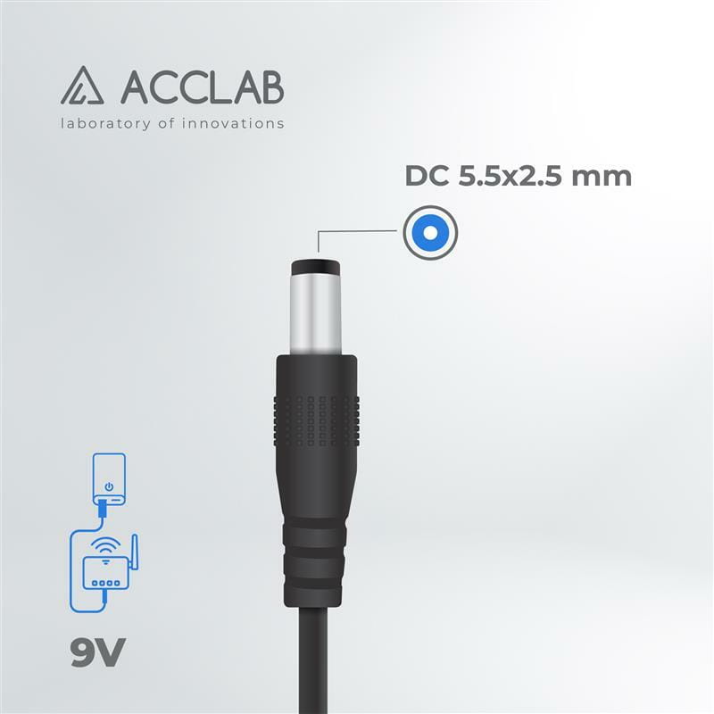 Кабель питания ACCLAB USB - DC (M/M), 5.5х2.1 мм, 9V, 1A, 1 м, Black (1283126552830)