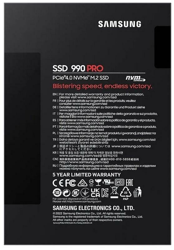 Накопитель SSD  1ТB Samsung 990 PRO M.2 2280 PCIe 4.0 x4 NVMe V-NAND MLC (MZ-V9P1T0BW)
