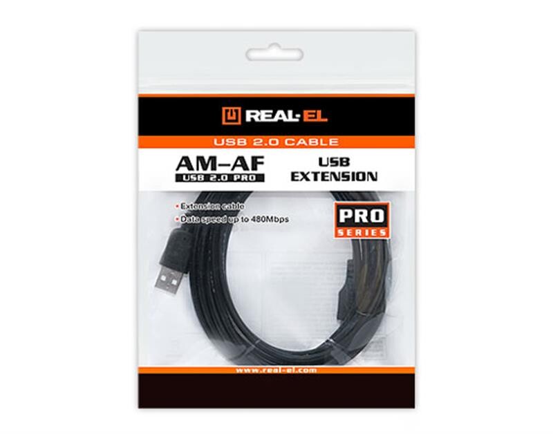 Кабель REAL-EL Pro USB - USB V 2.0 (M/F), 2 м, черный (EL123500028)