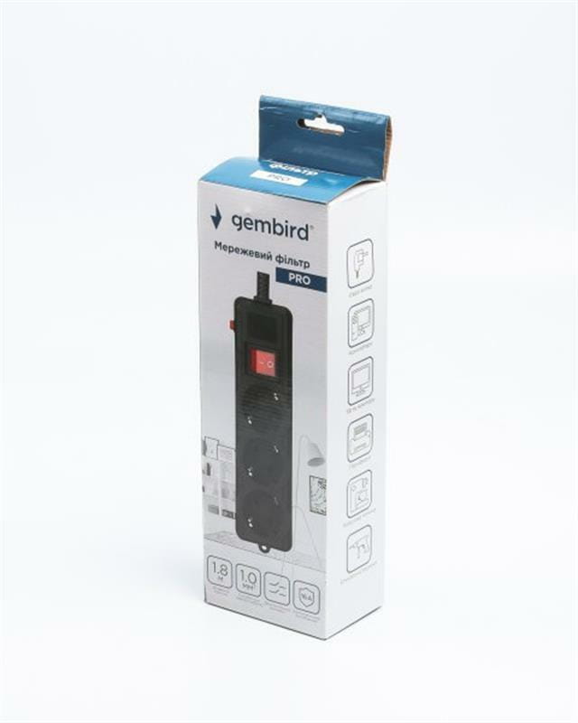 Фильтр питания Gembird Pro (SPG3-G-6B-PRO) 3 розетки, 1.8м, черный