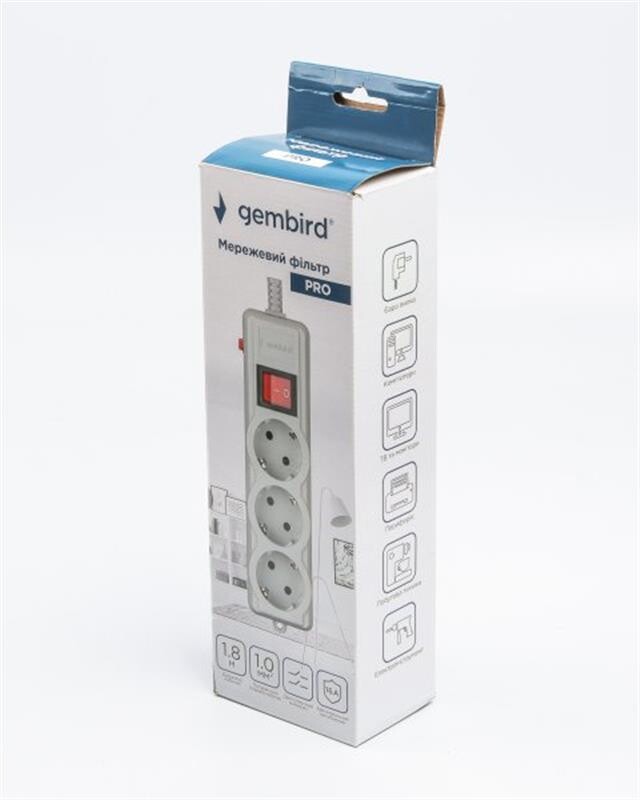 Фильтр питания Gembird Pro (SPG3-G-6G-PRO) 3 розетки, 1.8м, серый