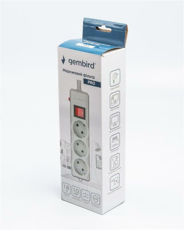 Фильтр питания Gembird Pro (SPG3-G-6G-PRO) 3 розетки, 1.8м, серый