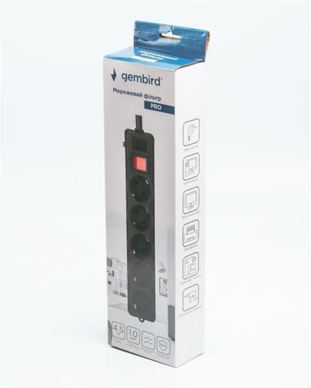 Фильтр питания Gembird Pro (SPG5-G-15B-PRO) 5 розеток, 4.5м, черный