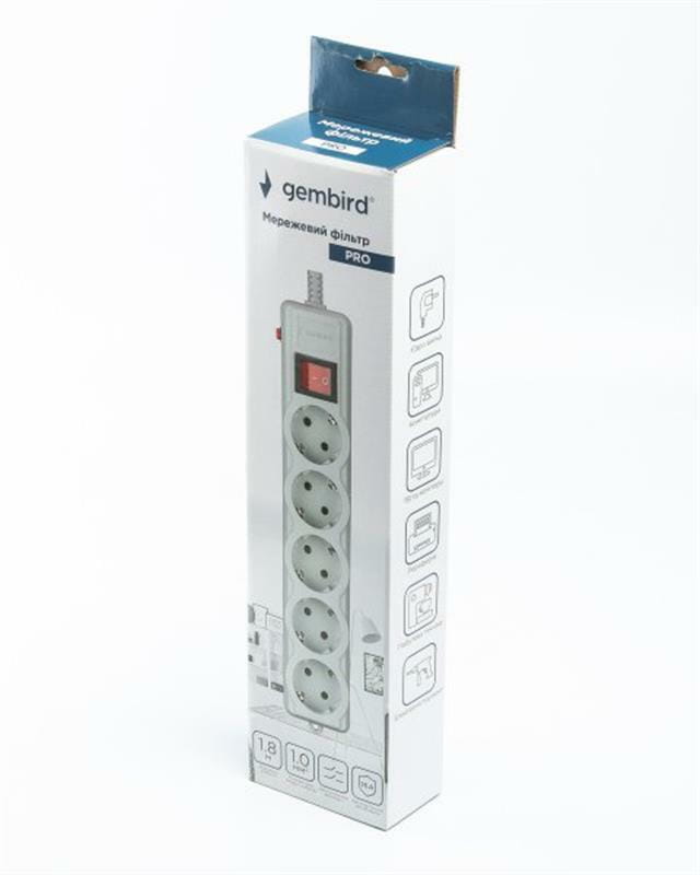 Фильтр питания Gembird Pro (SPG5-G-6G-PRO) 5 розеток, 1.8м, серый