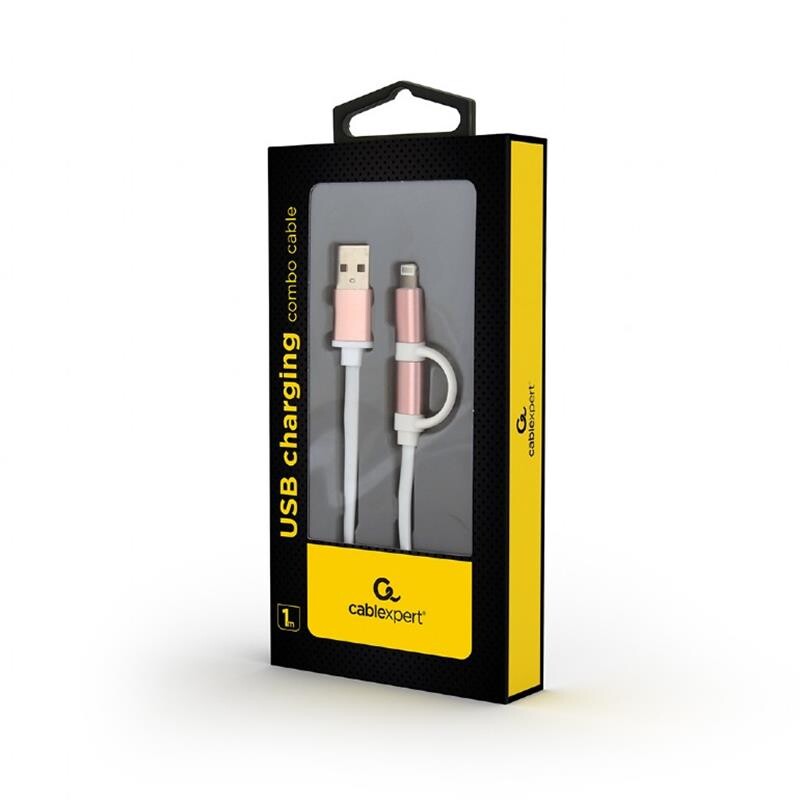 Кабель Cablexpert (CC-USB2-AM8PmB-1M-PK), USB2.0 BM - Lightning/Micro USB, 1м, рожевий