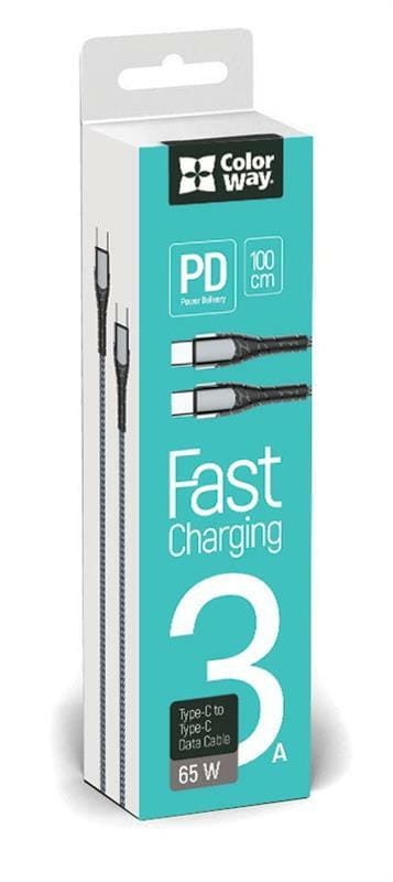 Кабель ColorWay USB Type-C - USB Type-C (M/M), PD Fast Charging, 3 А, 65 W, 1 м, Grey (CW-CBPDCC040-GR)