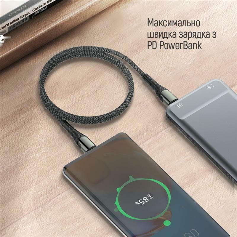 Кабель ColorWay USB Type-C - USB Type-C (M/M), PD Fast Charging, 3 А, 65 W, 1 м, Grey (CW-CBPDCC040-GR)