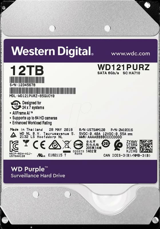 Накопитель HDD SATA 12.0TB WD Purple 7200rpm 256MB (WD121PURZ)